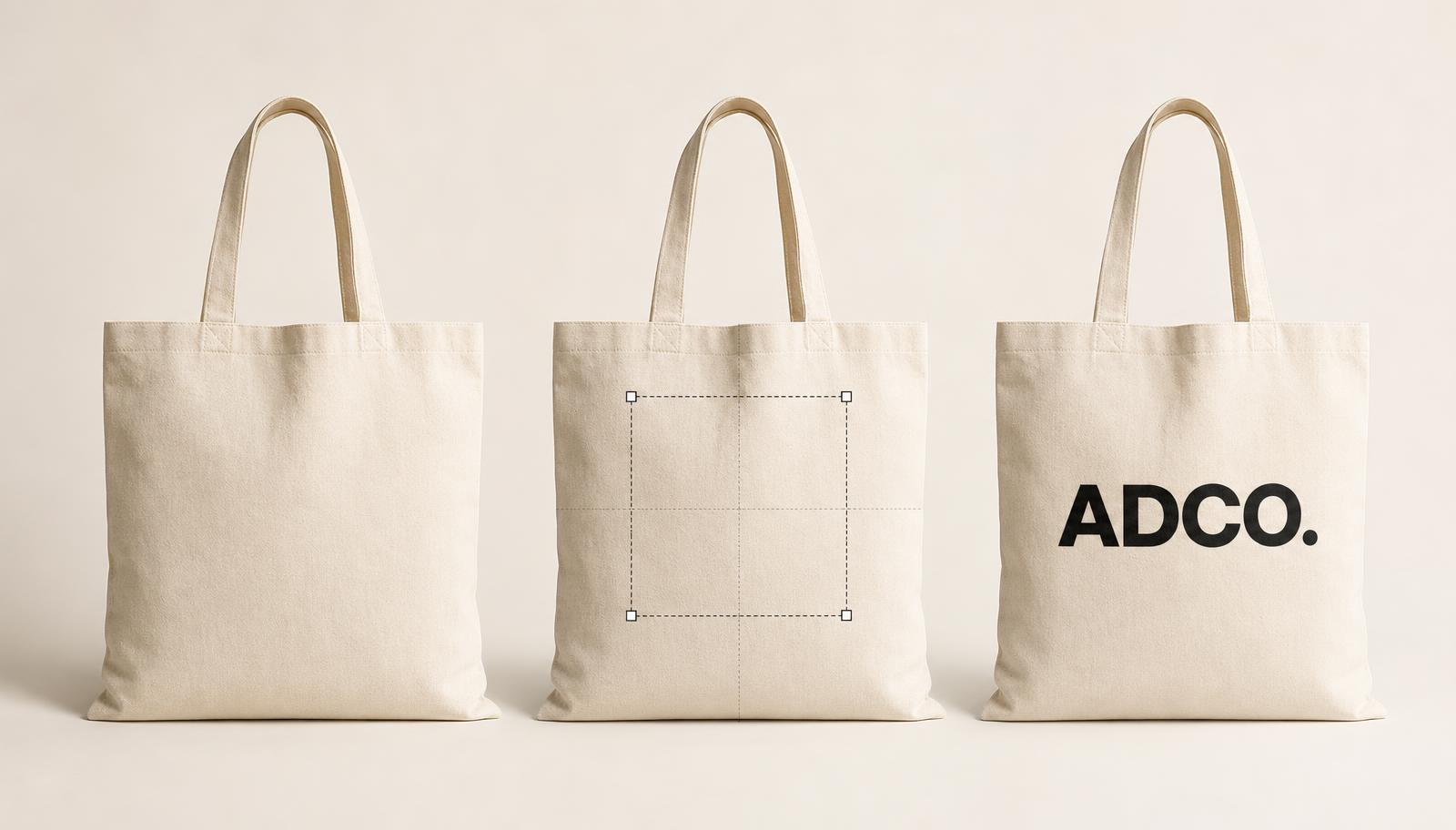 Tygkasse utan tryck, samma kasse med logotypen placerad i redigeraren, och den färdiga kassen med ADCO.-logotypen tryckt
